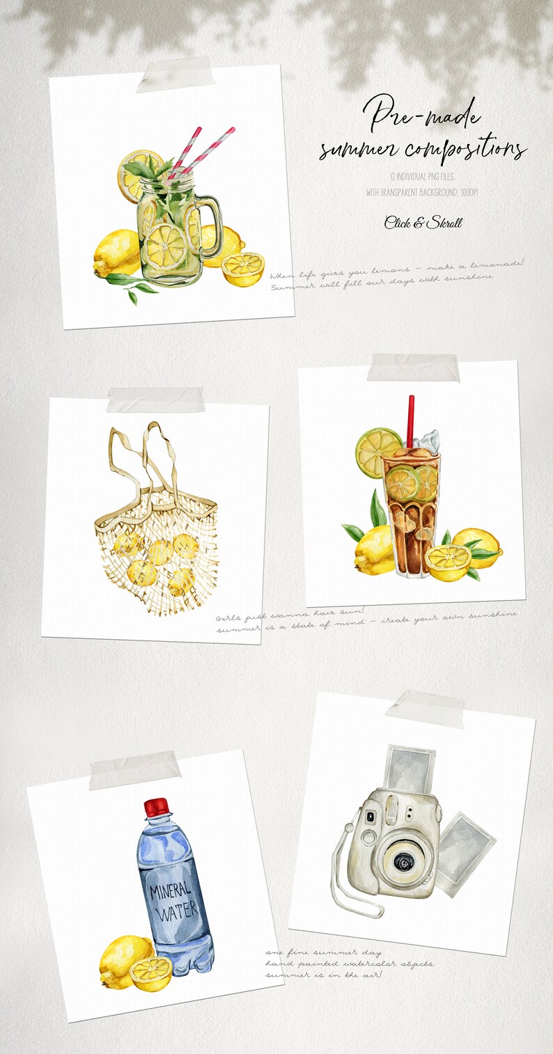 Pode incluir: Ilustra&ccedil;&otilde;es em aquarela de itens de ver&atilde;o em quadrados brancos. Inclui um frasco de limonada, uma sacola com lim&otilde;es, ch&aacute; gelado, uma garrafa de &aacute;gua mineral e uma c&acirc;mera. O texto diz "Pre-made summer compositions."