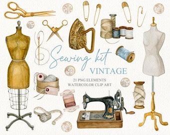 Watercolor vintage sewing kit clip art. Branding kit, sewing machine, needle, stitching, scissors, dummy model DIY clipart.
