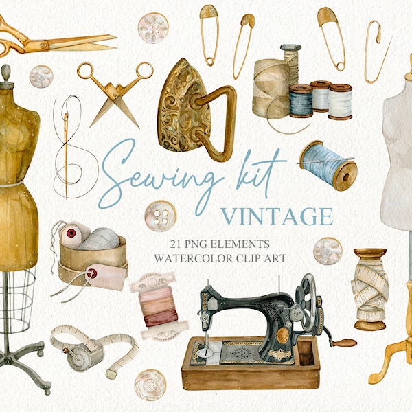 Watercolor vintage sewing kit clip art. Branding kit, sewing machine, needle, stitching, scissors, dummy model DIY clipart.