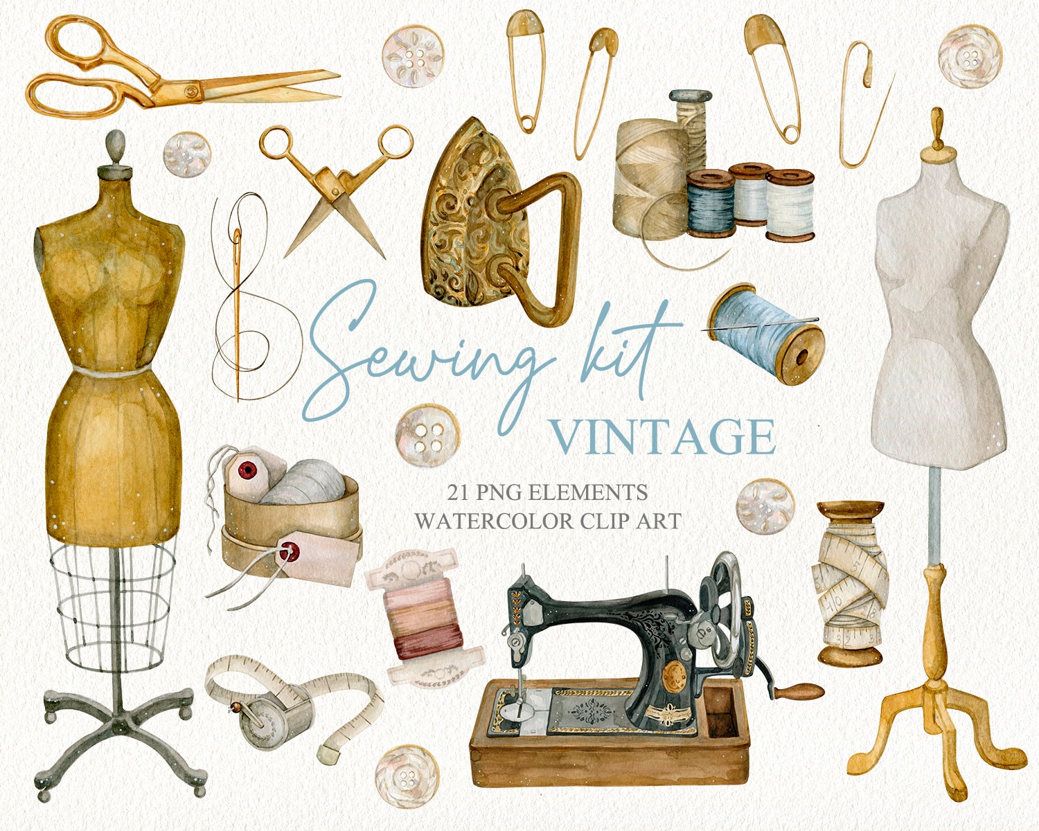 Watercolor Individual PNG. Vintage Sewing Machine Clip Art. Branding Kit,  DIY Clipart. Instant Download. 