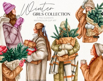 Winter fashion girls in hat and mittens in watercolor style with Christmas fir tree and gifts Girl friend gift card Sublimation PNG Design