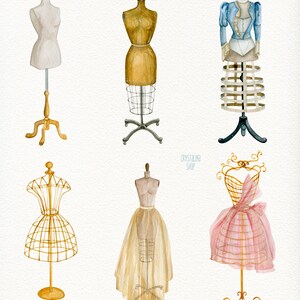 May include: Five different dress forms with various styles of dresses. The dress forms are made of metal and wood and are painted in different colors. The dresses are made of fabric and lace and are in various colors and styles. The dress forms are on stands and are arranged in a row. The text "CRYSTALLINE SHOP" is written in the center of the image.