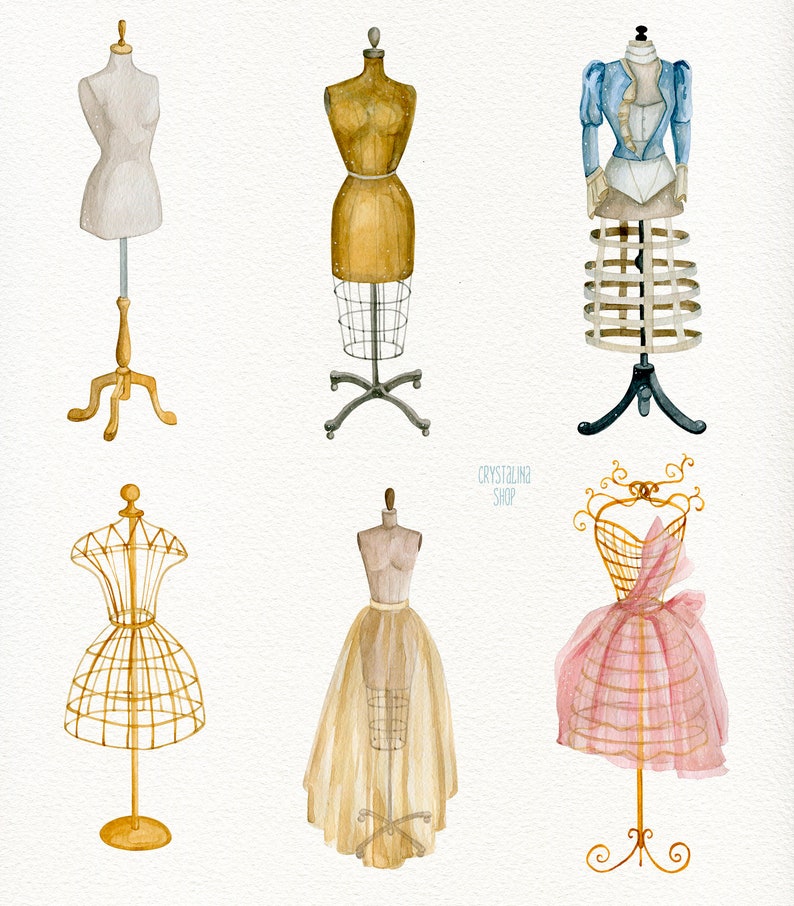May include: Five different dress forms with various styles of dresses. The dress forms are made of metal and wood and are painted in different colors. The dresses are made of fabric and lace and are in various colors and styles. The dress forms are on stands and are arranged in a row. The text "CRYSTALLINE SHOP" is written in the center of the image.