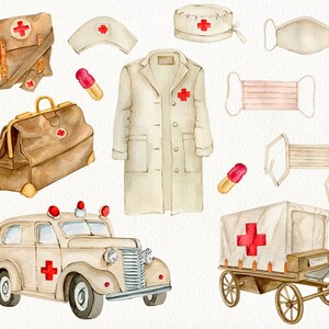 May include: Watercolor illustration of medical supplies, including a vintage ambulance, a doctor's coat, a nurse's hat, a first aid kit, and a medical cart. The illustration features a red cross symbol on many of the items.