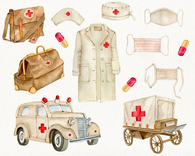 May include: Watercolor illustration of medical supplies, including a vintage ambulance, a doctor's coat, a nurse's hat, a first aid kit, and a medical cart. The illustration features a red cross symbol on many of the items.