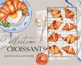 Watercolor breakfast croissants clipart collection. Sweet croissant & coffee clipart. Food illustration clipart. Home bakery logo creator.