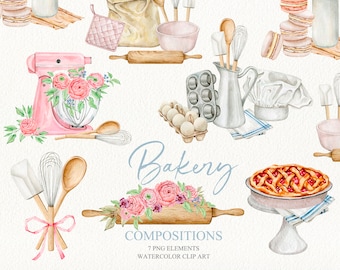Watercolor home bakery logo clipart Hand drawn bakery logo design DIY Cooking culinary digital clip art Pink pastel kitchen utensils
