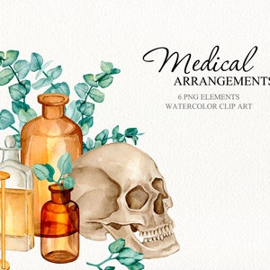 May include: Watercolor clip art set of six medical elements, including a skull, bottles, and an hourglass. The artwork is painted in a realistic style with muted tones of brown, green, and white.