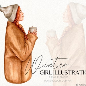 Ragazza di moda invernale in cappello in stile acquerello con tazza di caffè Carta regalo dell'amica della ragazza Sublimazione PNG Design
