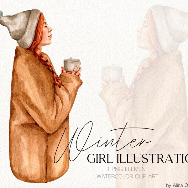 Winter fashion girl in hat in watercolor style with cup of coffee Girl friend gift card Sublimation PNG Design