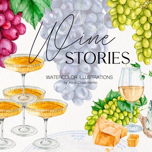Aquarel Wijn en kaas clipart collectie Voedsel illustratie clipart Mousserende wijn met fruit en kaas Restaurant drankmenu DIY logo