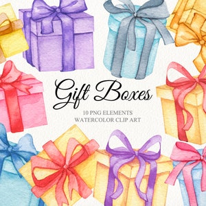Watercolor gift boxes clipart. Birthday party invitation creator DIY. Presents boxes for Christmas decorations. Hand drawn gifts boxes png