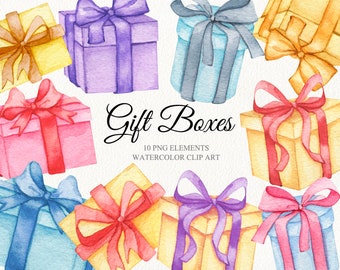May include: Watercolor illustration of colorful gift boxes with bows in shades of yellow, pink, purple, and blue. The text "Gift Boxes" is displayed in elegant script, with additional text indicating "10 PNG ELEMENTS WATERCOLOR CLIP ART".