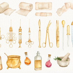 May include: Watercolor illustration of vintage medical supplies, including bandages, gauze, syringes, tweezers, a thermometer, a mortar and pestle, and various bottles. The illustration is in a light brown and gold color scheme.