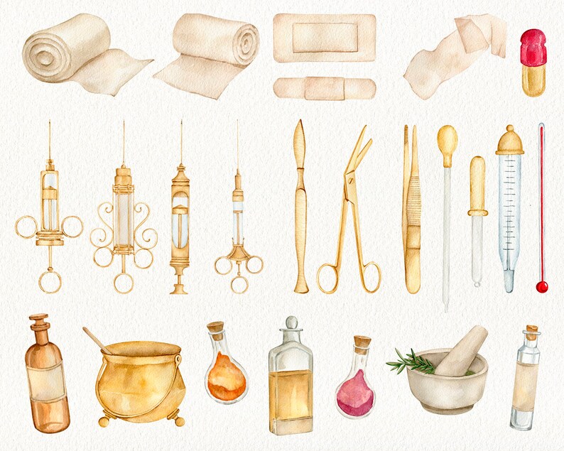 May include: Watercolor illustration of vintage medical supplies, including bandages, gauze, syringes, tweezers, a thermometer, a mortar and pestle, and various bottles. The illustration is in a light brown and gold color scheme.