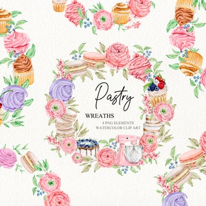 Aquarel gebak snoep dessert kransen clipart Bakkerij logo frame Zoetwaren cupcake kransen logo withs bloemen en desserts