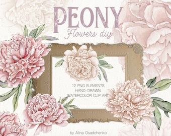 Watercolor romantic peony flower DIY clipart Gentle floral illustrations Pastel pink peonies flowers png Wedding DIY invitation clipart