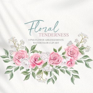 May include: Watercolor clip art featuring 8 floral arrangements with pink roses, white flowers, and green leaves. The text "Floral Tenderness" is at the top of the image.
