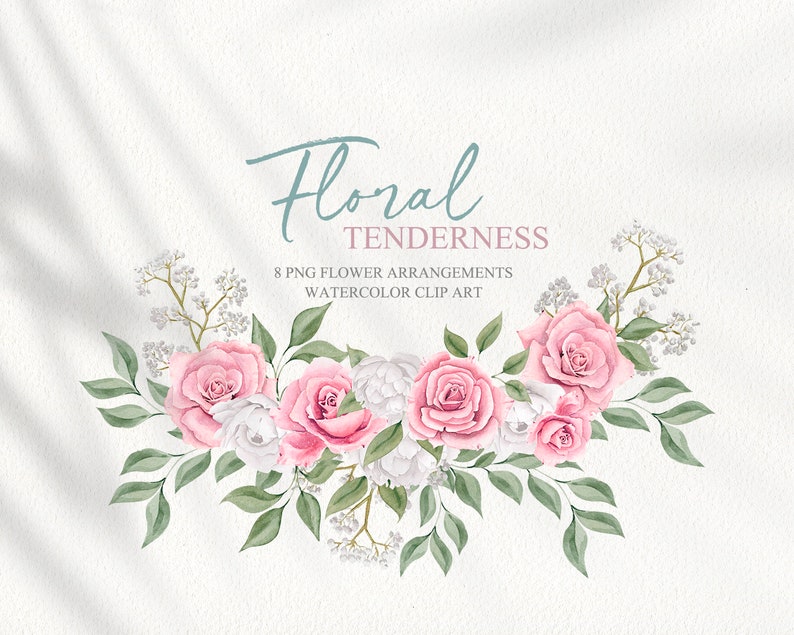 May include: Watercolor clip art featuring 8 floral arrangements with pink roses, white flowers, and green leaves. The text "Floral Tenderness" is at the top of the image.