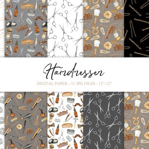 Aquarell Friseur digitale Papierpack für Scrapbooking. Friseur-Shop nahtlose Muster. Hand gezeichnet Ecolour Hintergrund.