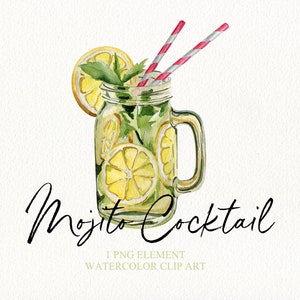 Aquarelle Mojito cocktail boisson clipart Boissons alcoolisées png Fête d’été clipart Aquarelle tropicale cocktails clipart Bar Menu