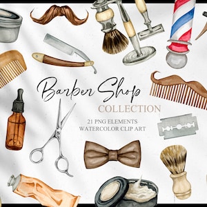 Clipart de barbearia em aquarela. Criador de logotipo DIY desenhado à mão para salão de cabeleireiro e barbearia. Cabeleireiro profissional aquarela clip art digital.
