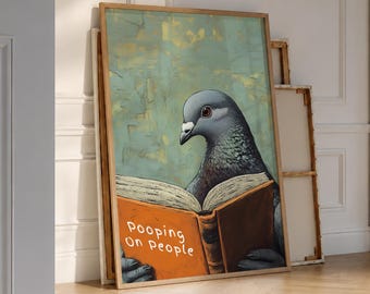Funny Bathroom Print, Pigeon Pooping on People Book Poster, Funny Toilet Wall Art, Bathroom Wall Decor, Humorous Prints - Digital File