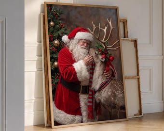 Kerstprint met de Kerstman en rendieren, kerstposter van de Kerstman, vintage kerstdecoratie voor aan de muur, hippe retro kerstposter - digitaal bestand