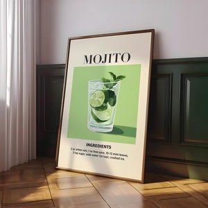 Impresión de cóctel mojito, póster de carrito de bar, arte mural con bebidas de fiesta, impresión de cocina retro, póster de cóctel, arte mural con bebidas de moda: archivo digital