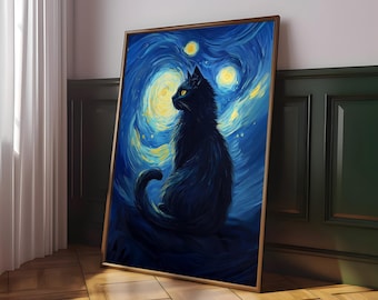 Black Cat Starry Night Print, Whimsical Cat Poster, Funny Cat Wall Art, Aesthetic Cat Poster, Cat Lover Painting Gift Art - Digital File