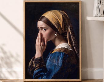 May include: A framed wall art print depicting a person in profile wearing a mustard yellow headscarf and a blue garment with dark patterned sleeves. The person has hands raised to their face, a pearl earring, and a dark, moody background.