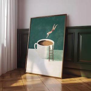 Impresión de Coffee Diver, póster de café de buenos días, arte de pared de espresso, impresiones para amantes del café, póster de cocina de moda, impresión de café (marco opcional)