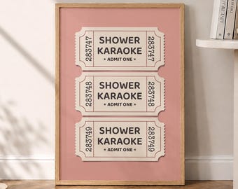 Shower Karaoke Ticket Poster, Bathroom Wall Art, Shower Singing Print, Pink Preppy Bathroom Print, Vintage Trendy Wall Art- Optional Frame