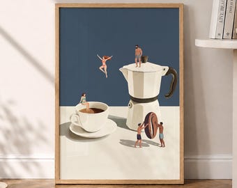 May include: A framed wall art print featuring a dark blue background and a white surface. The illustration depicts a white moka pot, a white coffee cup on a saucer, and a large coffee bean, with tiny figures interacting with these objects.