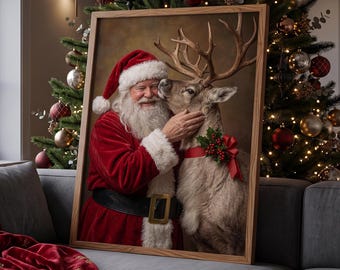 Kerstprint met de Kerstman en rendieren, kerstposter van de Kerstman, vintage kerstdecoratie voor aan de muur, hippe retro kerstposter - digitaal bestand