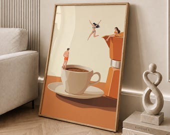May include: A framed rectangular wall art print featuring a surreal illustration of a large coffee cup and a moka pot. Tiny figures in swimwear are depicted jumping into and sitting on the coffee cup and pot against a cream and orange background.