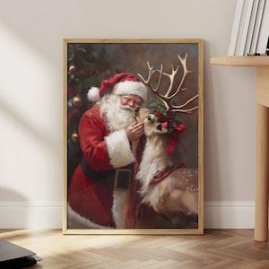 Impressão de Natal de Papai Noel e Renas, Pôster de Natal do Papai Noel, Arte de Parede Vintage para o Feriado, Pôster de Natal Retro Funky - Arquivo Digital