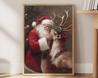 Impression de Noël Père Noël et renne, affiche de Noël du père Noël, art mural vintage des fêtes, affiche de Noël rétro géniale - fichier numérique