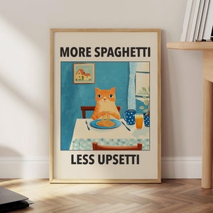 More Spaghetti Less Upsetti Cat Poster, Italian Kitchen Print, Funny Black Cat Wall Art, Retro Diner Poster, Pasta Print - Optional Frame