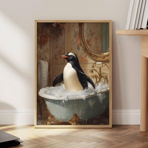 Penguin in Bathtub Bathroom Poster, Funny Penguin Wall Art, Funny Bathroom Print, Penguin in Bubble Bath Poster - Digital File
