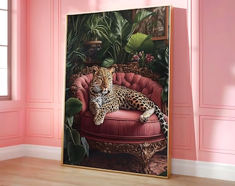 Leopard på rosa soffa-poster, leopardväggkonst, maximalistisk väggdekor, djungeltigertryck, livfulla maximalistiska tryck - valfri ram