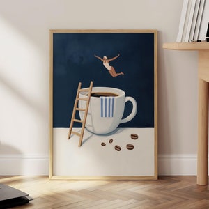Impresión de Coffee Diver, póster de café de buenos días, arte de pared de espresso, impresiones para amantes del café, póster de cocina de moda, impresión de café (marco opcional)