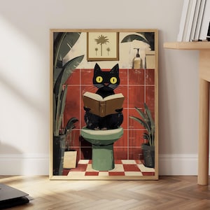 Funny Bathroom Cat Print, Black Cat Print, Funny Toilet Wall Art, Pink Toilet Poster, Pooping Wall Art, Cat Lover Gift Art -  Optional Frame