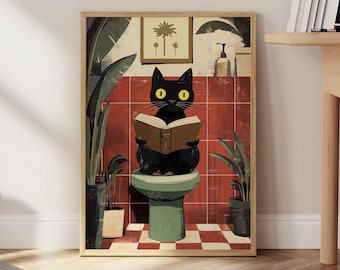 May include: A black cat with yellow eyes sits on a toilet and reads a book in a bathroom with red and white tiled floors and green plants.