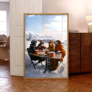 Impresión de perros en una estación de esquí, póster de esquí, arte mural divertido de animales, póster divertido de perros, impresión navideña vintage, arte mural de invierno (marco opcional)