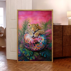 Leopard on Disco Ball Poster, Leopard Wall Art, Maximalist Wall Decor, Jungle Leopard Print, Vibrant Maximalist Prints - Digital File