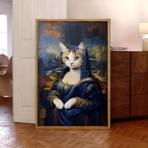 Impresión de gato de Mona Lisa, póster de pintura de gato, arte de pared divertido de gato, impresión de gato vintage, póster de gato renacentista, arte de regalo para amantes de los gatos - Archivo digital