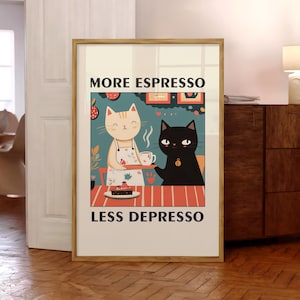 More Espresso Less Depresso ポスター、キッチン ウォール アート、面白い黒猫プリント、レトロなコーヒー猫ポスター、コーヒー バー ウォール アート - オプションのフレーム
