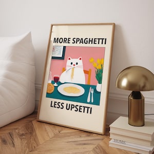 More Spaghetti Less Upsetti Cat Poster, Italian Kitchen Print, Funny Black Cat Wall Art, Retro Diner Poster, Pasta Print - Digital File