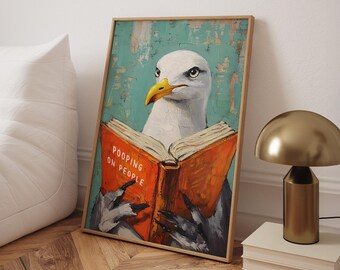Lustiger Badezimmer Druck, Möwe kackt auf Menschen Buch Poster, Lustige Toiletten Wandkunst, Badezimmer Wanddekoration, Humorvolle Bilder - Optionaler Rahmen